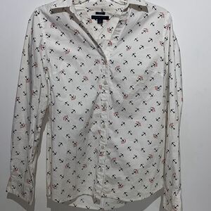Tommy Hilfiger Women's Anchor Nautical Long Sleeve Button-Down White Shirt Size